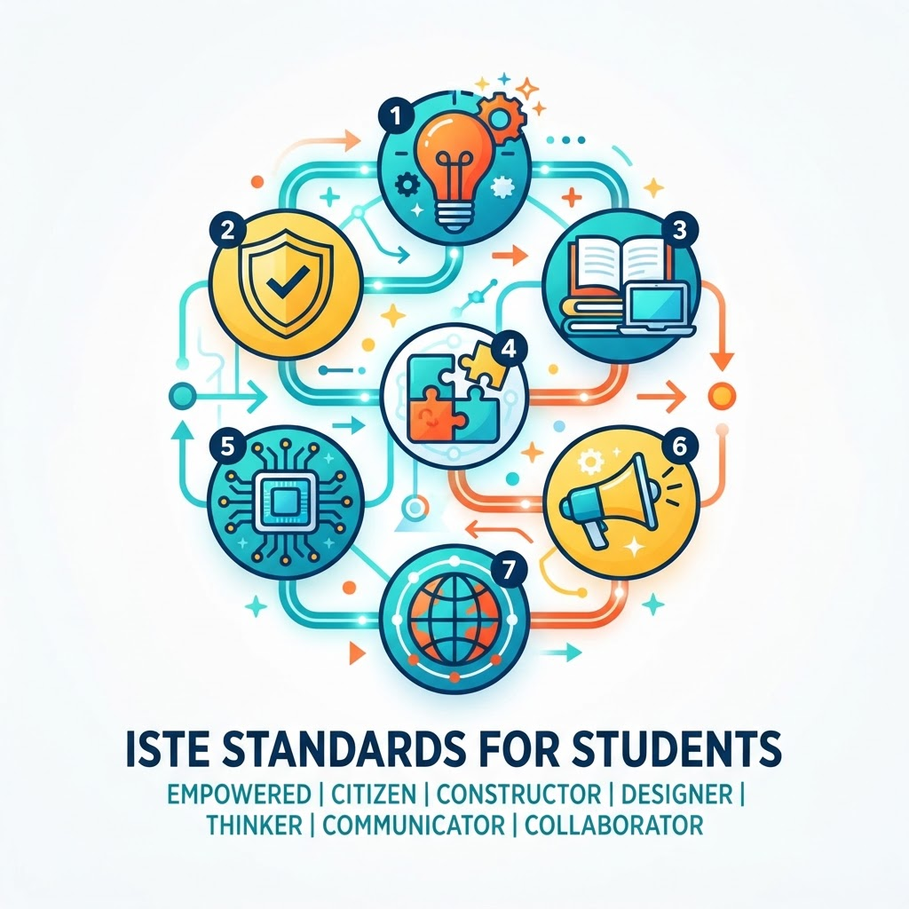 Seven interconnected icons representing the ISTE student standards